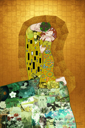 Cartel para la exposición colectiva 'Arte en la Era Digital'. Inspiración en el Beso de Gustav Klimt.